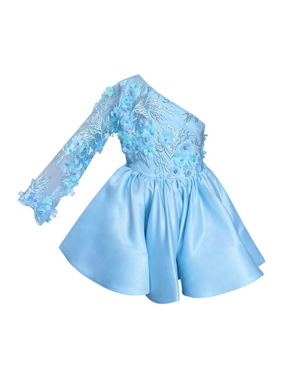 toddler blue dress with floral appliques for birthday party