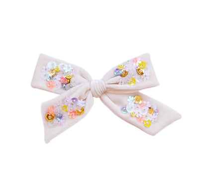 ivory velvet bow with sequins - kids hair accessories - embellished velvet bow